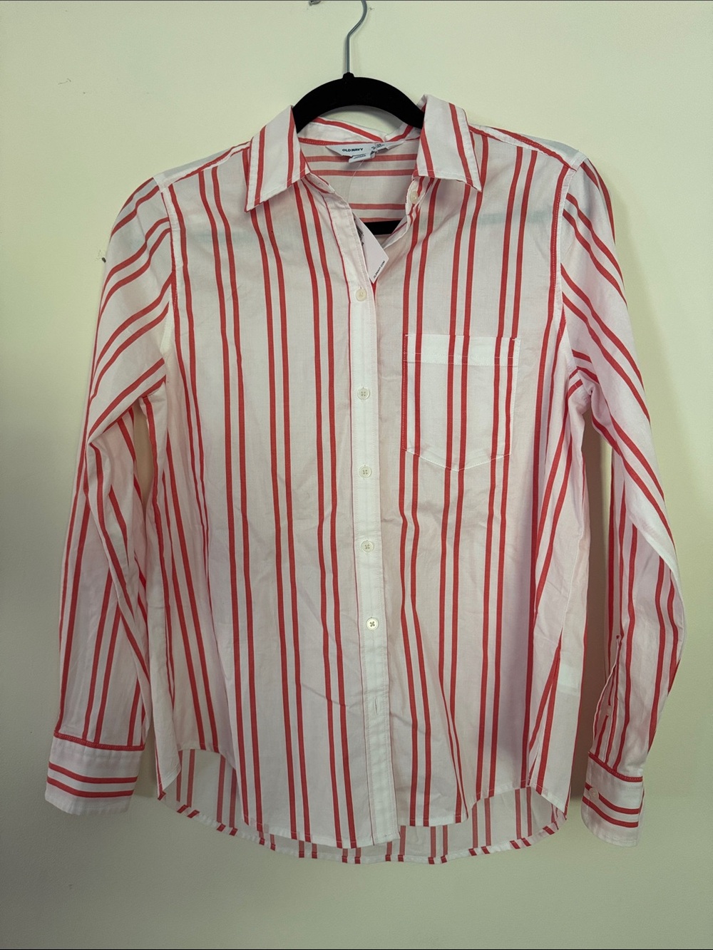 Old Navy White Button-Down Shirt with Dark Orange Vertical Stripes